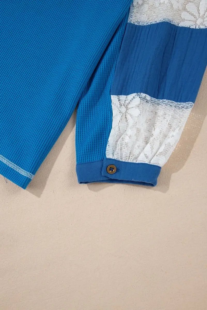 Sky Blue Lace Floral Patchwork Sleeve Stitching V Neck Rib Knit Blouse - Love Salve